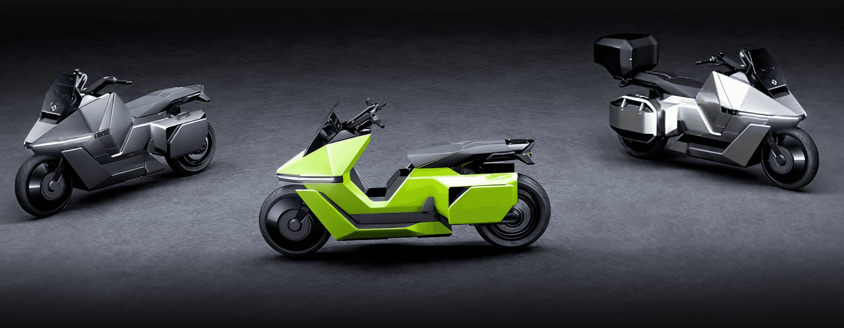 Three OMO X electric scooters in studio lighting on a dark textured floor.