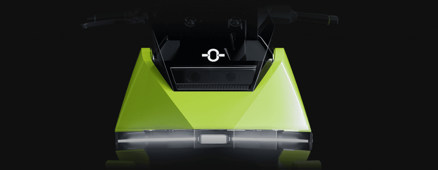 Front view of OMO X electric scooter with lime green fairing and Omoway logo on a black background.