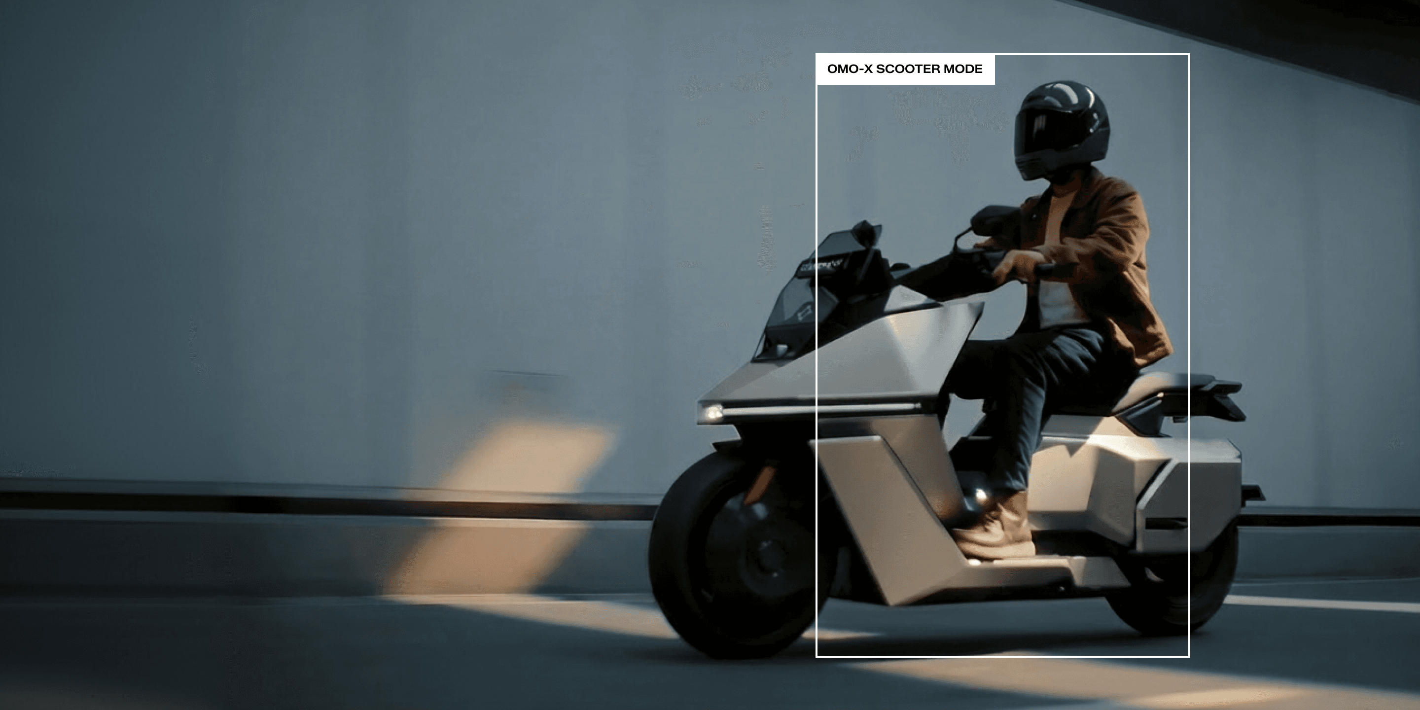 Rider on a futuristic silver electric motorcycle in an urban tunnel, warm side lighting.